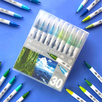 ZIG Clean Color Real Brush – Set 30 feutres pinceaux aquarelle bleus & verts – Illustration, dessin & lettering