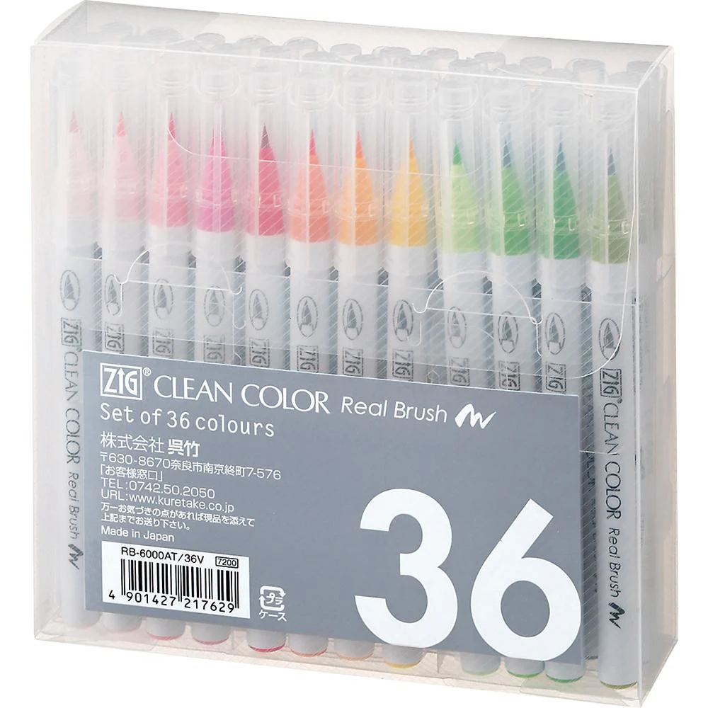 ZIG Clean Color Real Brush – Set de 36 feutres pinceaux aquarellables pour illustration, manga & lettering