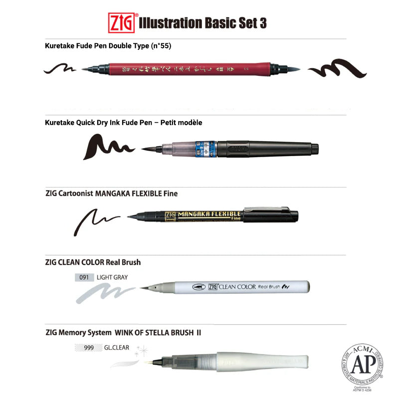 ZIG Illustration Basic Set 3 – Coffret de stylos-pinceaux japonais pour illustration & manga – 5 stylos