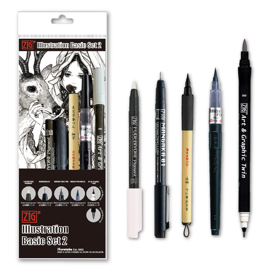 ZIG Illustration Basic Set 2 – Kit de stylos & brush pens japonais pour illustration et manga (5 pièces)