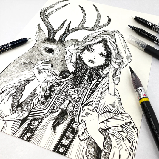 ZIG Illustration Basic Set 2 – Japanese pen & brush pen kit for illustration and manga (5 pieces)