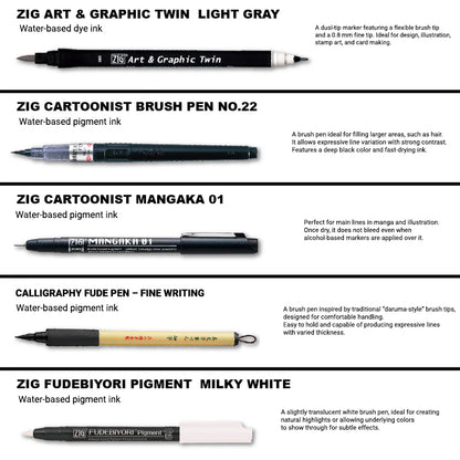 ZIG Illustration Basic Set 2 – Kit de stylos & brush pens japonais pour illustration et manga (5 pièces)