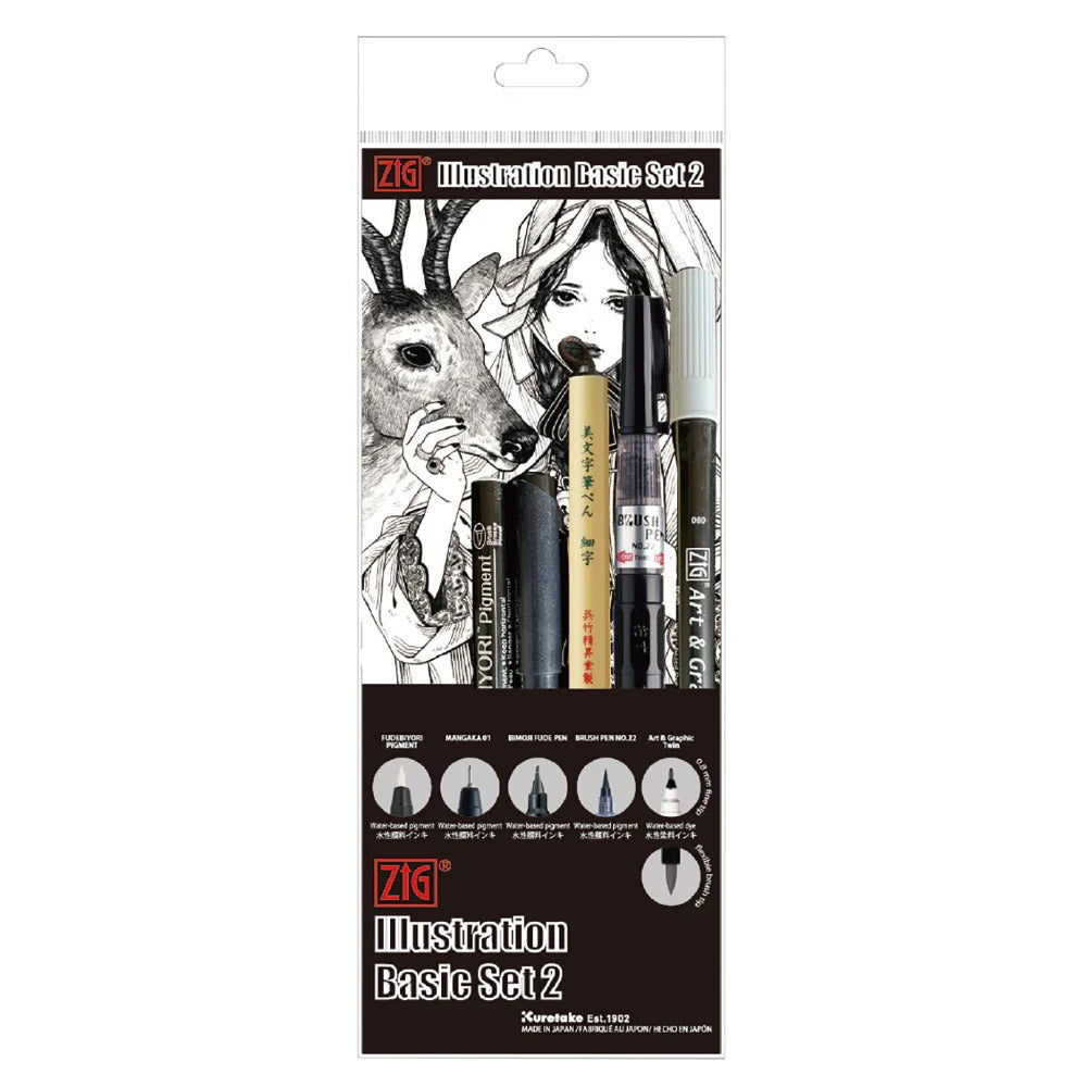 ZIG Illustration Basic Set 2 – Kit de stylos & brush pens japonais pour illustration et manga (5 pièces)