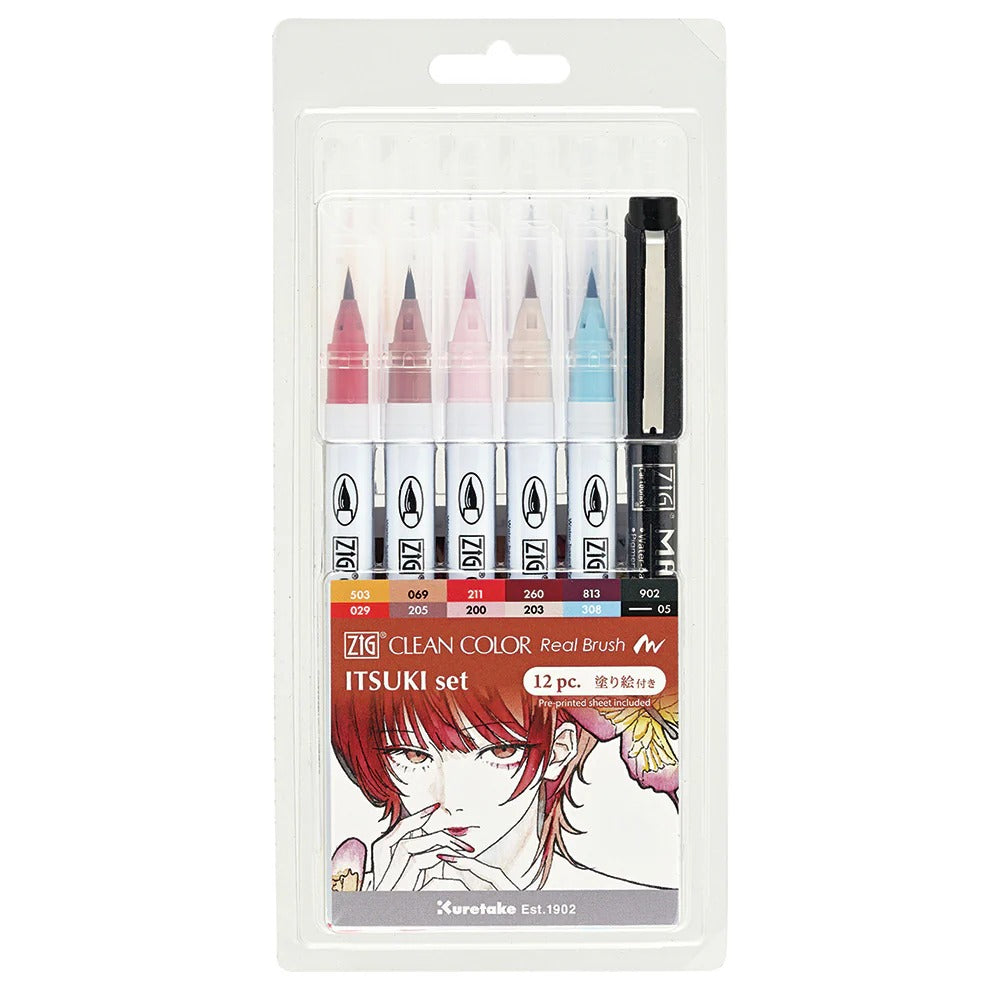Feutres Aquarelle Japonais Kuretake ZIG Clean Color Real Brush x Itsuki – Set 12 Couleurs Illustration