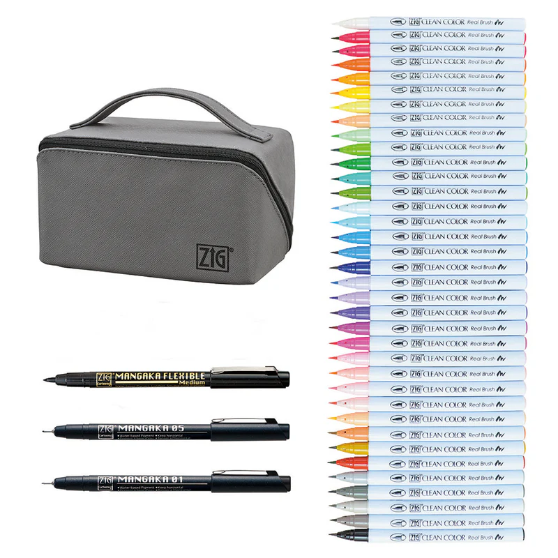 ZIG Real Brush + MANGAKA – Grand set illustration avec trousse – Dessin manga & couleur