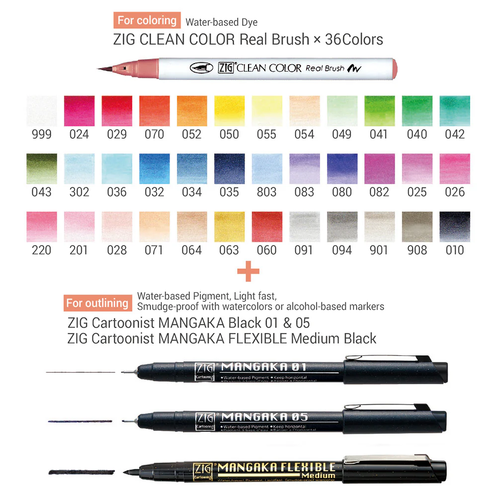 ZIG Real Brush + MANGAKA – Grand set illustration avec trousse – Dessin manga & couleur