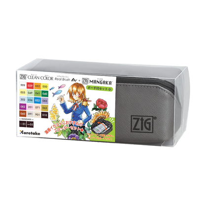 ZIG Real Brush & MANGAKA – Kit d’illustration avec pinceaux couleur et stylos manga + trousse (format S)