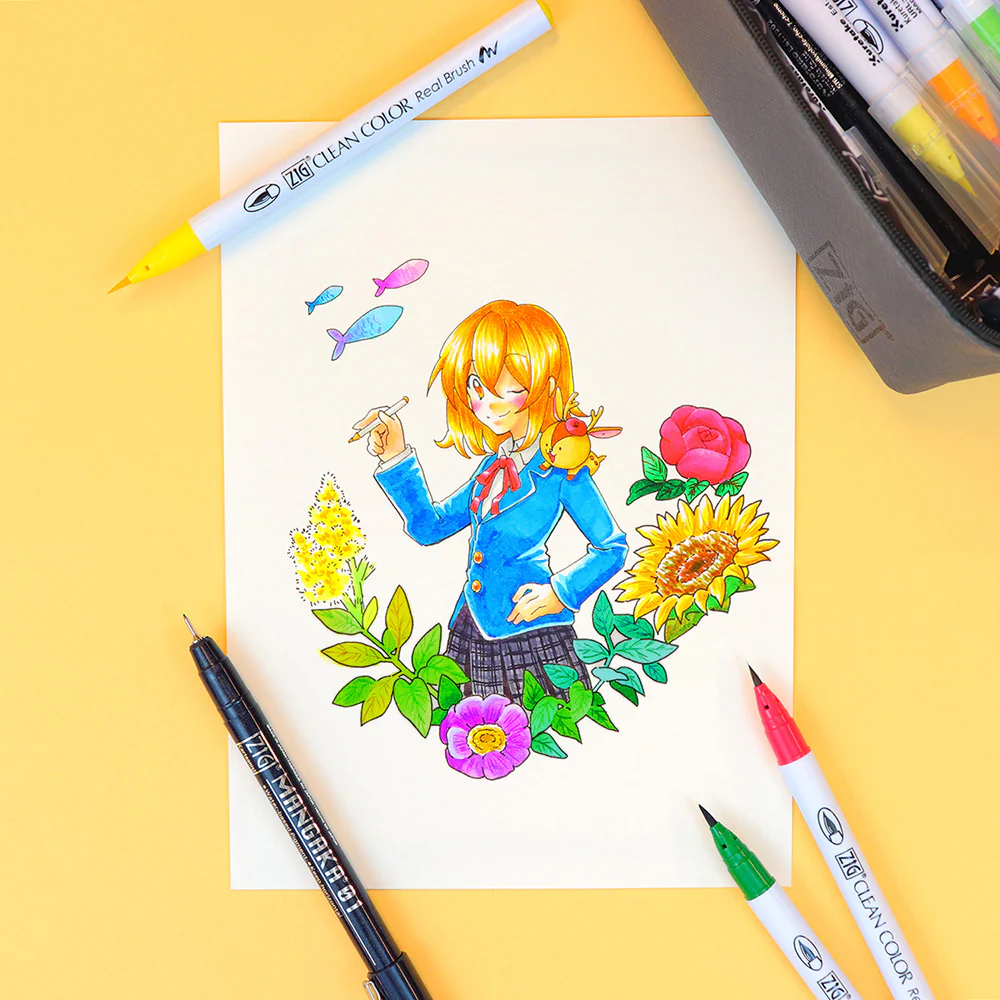ZIG Real Brush & MANGAKA – Kit d’illustration avec pinceaux couleur et stylos manga + trousse (format S)